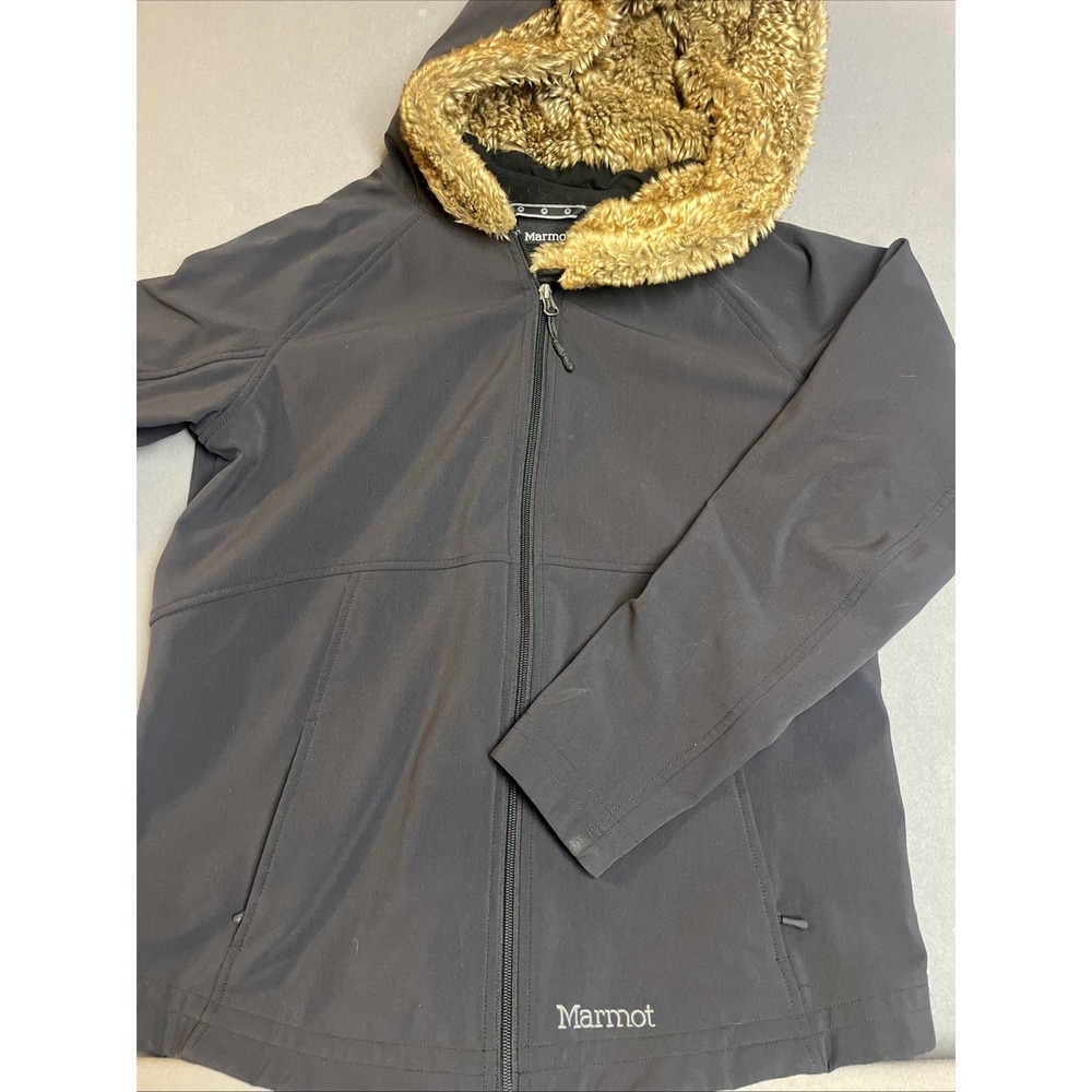 Marmot Womens Black Fleece Lined Softshell Jacket With Faux Fur Hood XL - Picture 2 of 5
